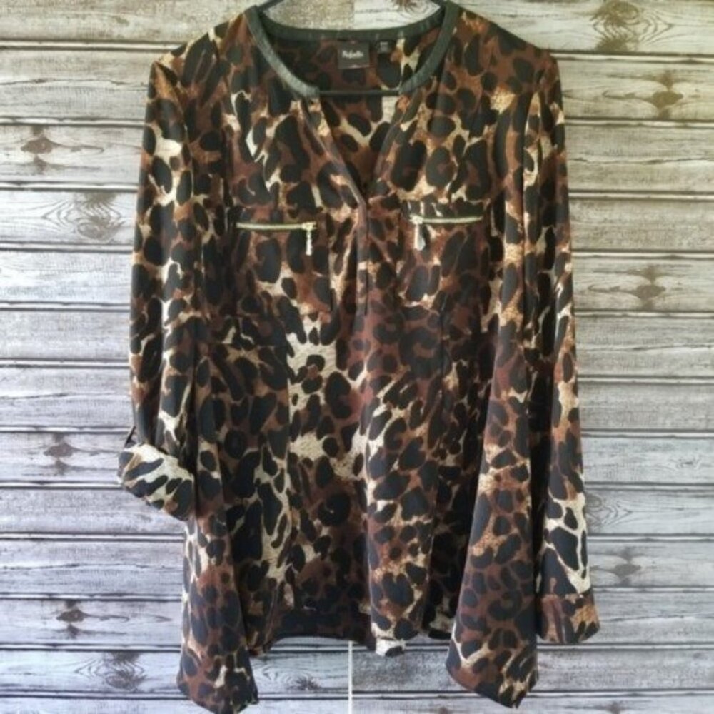Rafaella Women's Blouse Size S Brown Animal Print Tab Sleeves NWOT